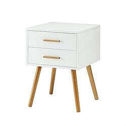 Modern 2-Drawer End Table Nightstand in White with Mid-Century Style Wood Legs - Free Shipping