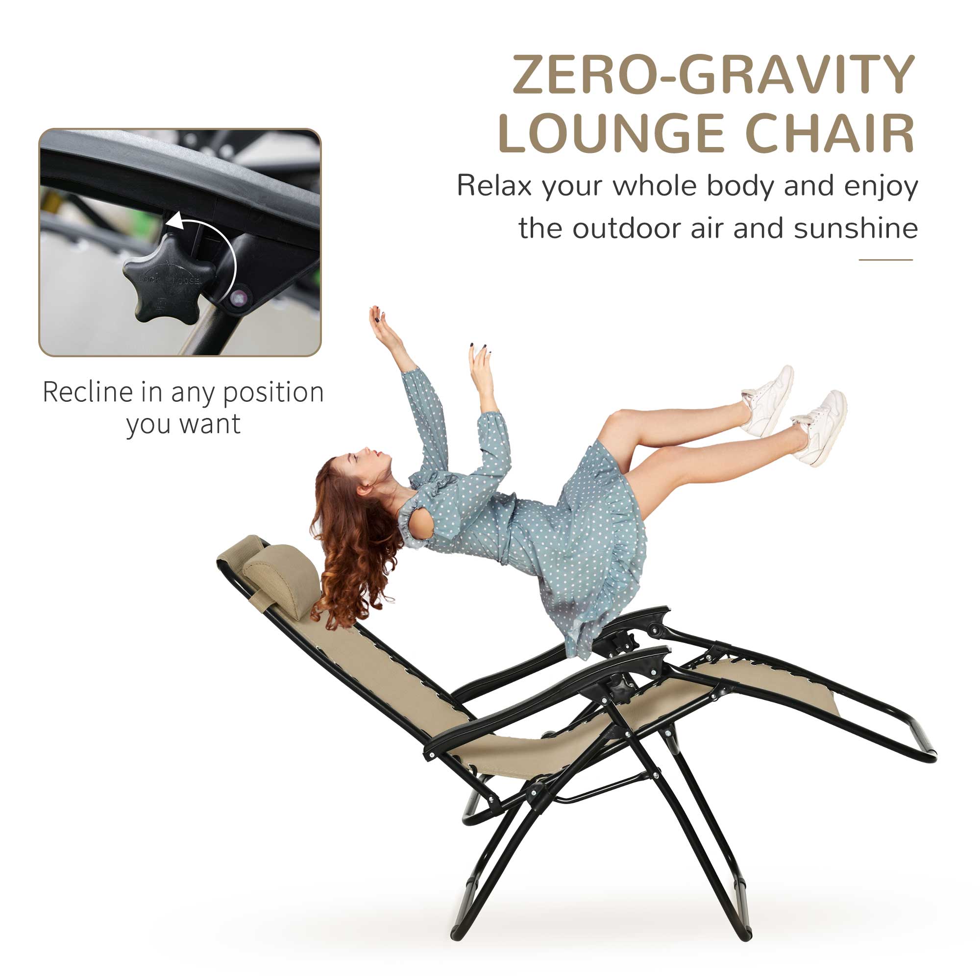 Outsunny Zero Gravity Chair Set of 2 Patio Chair with Side Table Cupholders and Pillows for Pool, Backyard, Lawn, Beige 