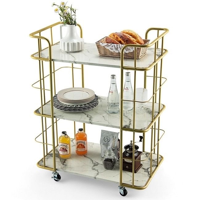3 Tier Faux Marble Gold Rolling Bar Cart - Free Shipping 
