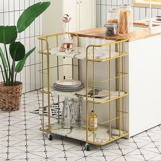 3 Tier Faux Marble Gold Rolling Bar Cart - Free Shipping 