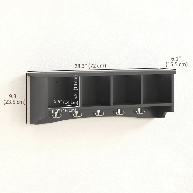 Coat Rack Wall Mount with Shelf, 28" Wall Coat Rack with 5 Hooks and 4 Compartments for Living Room, Entryway, Black