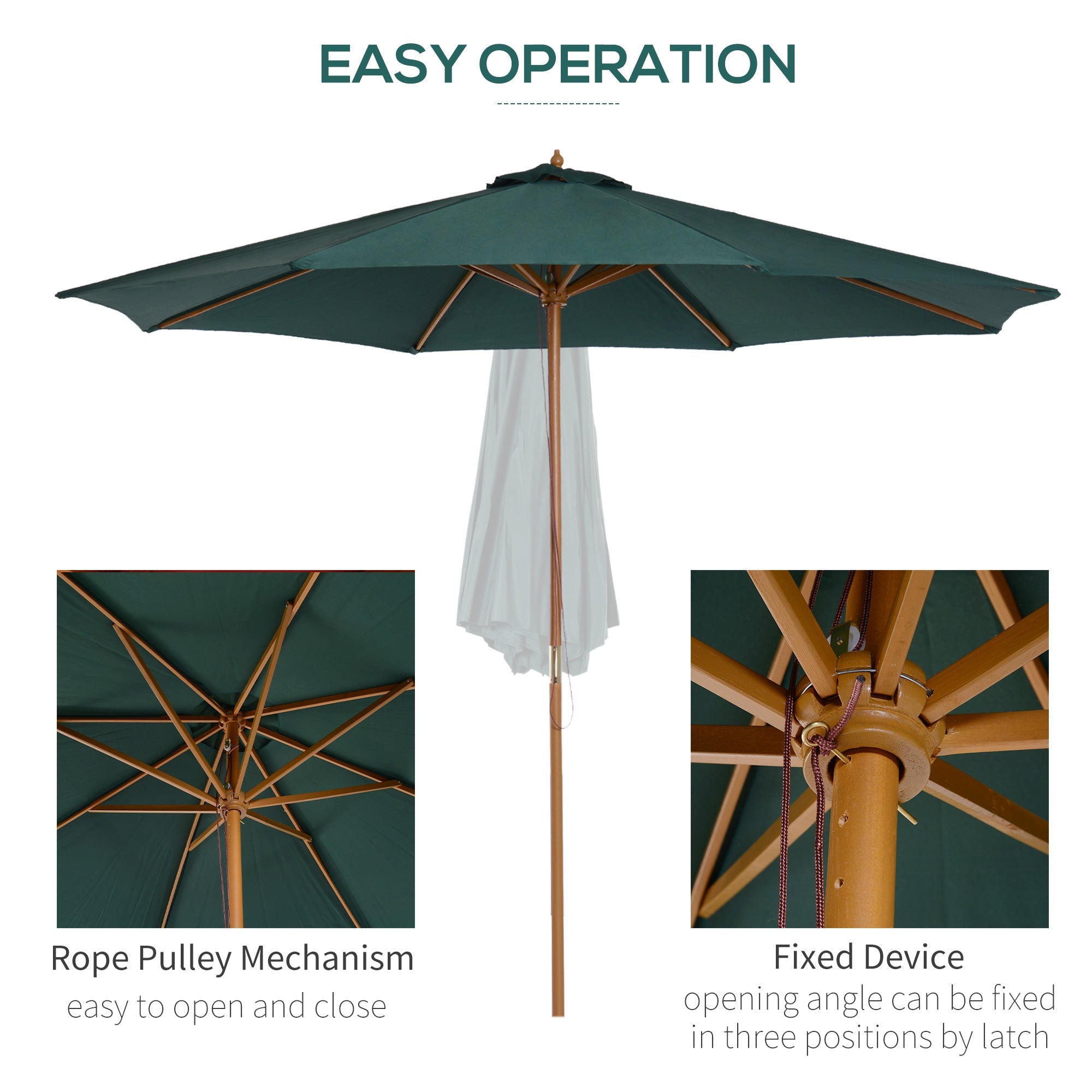 Outsunny 10FT Round Patio Umbrella with Rope Pulley Mechanism, Wooden Market Umbrella, Garden Parasol with 8 Ribs, Dark Green 