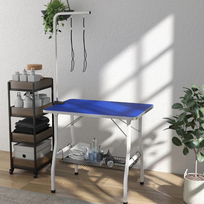 Dog Grooming Table w/ Adjustable Arm, Mesh Tray,  Two Nooses, Rubber Surface, 35" x 24" x 61", Blue