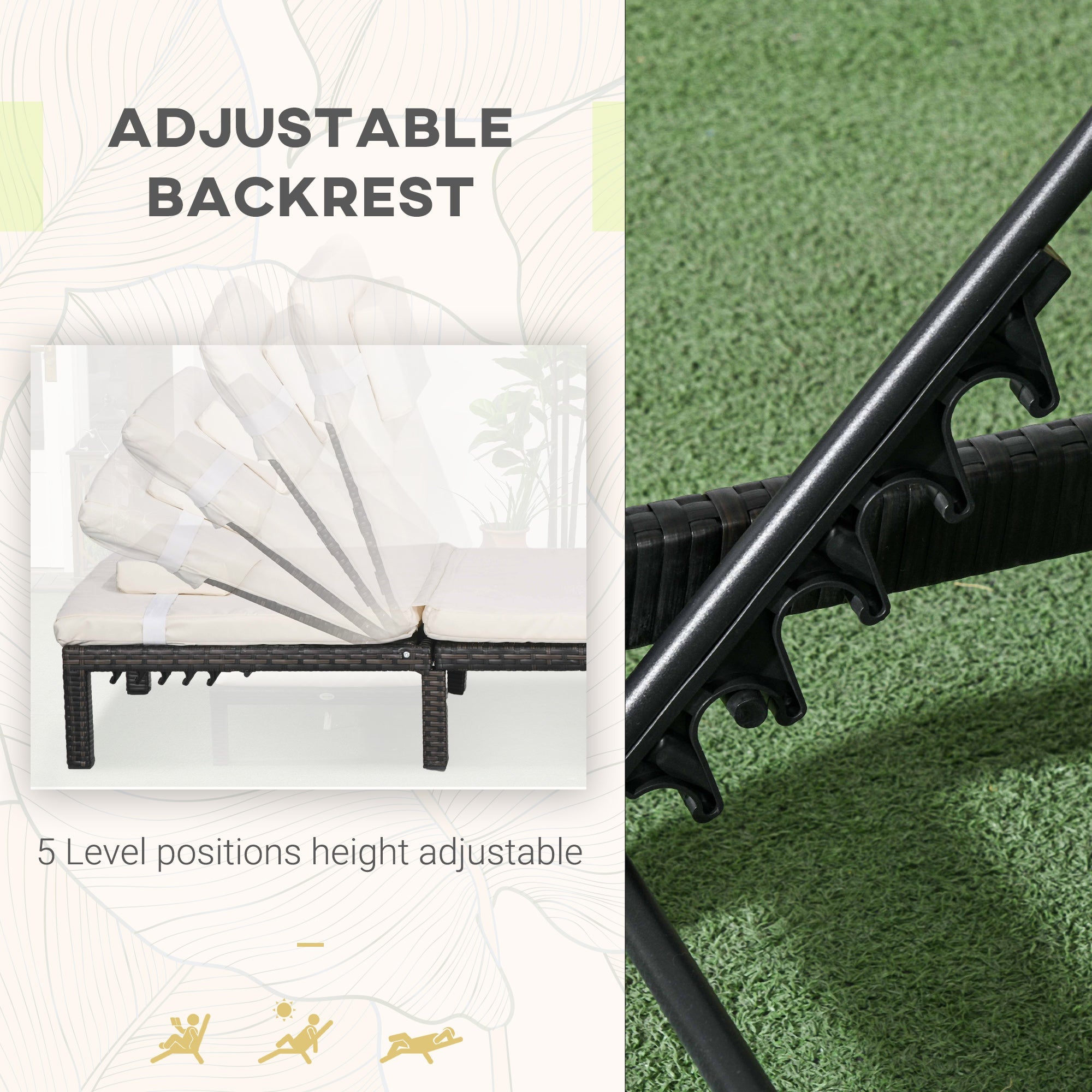 Outsunny Outdoor Chaise Lounge Patio Lounger 5-Level Adjustable Backrest Headrest Poolside Garden Backyard Cream White Color 