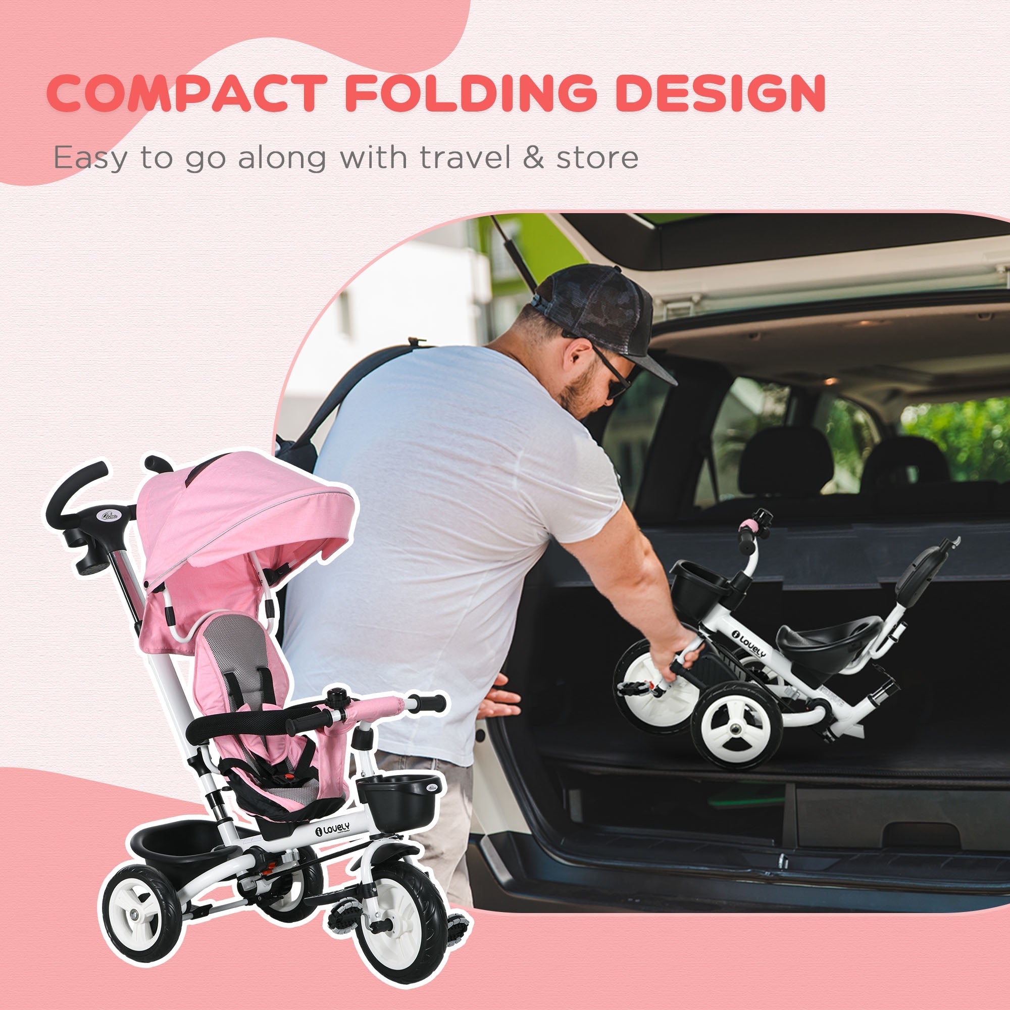 Qaba Pink 6-in-1 Toddler Tricycle with Push Handle, Canopy, Storage, Cupholder - Ideal for Outdoor Fun 