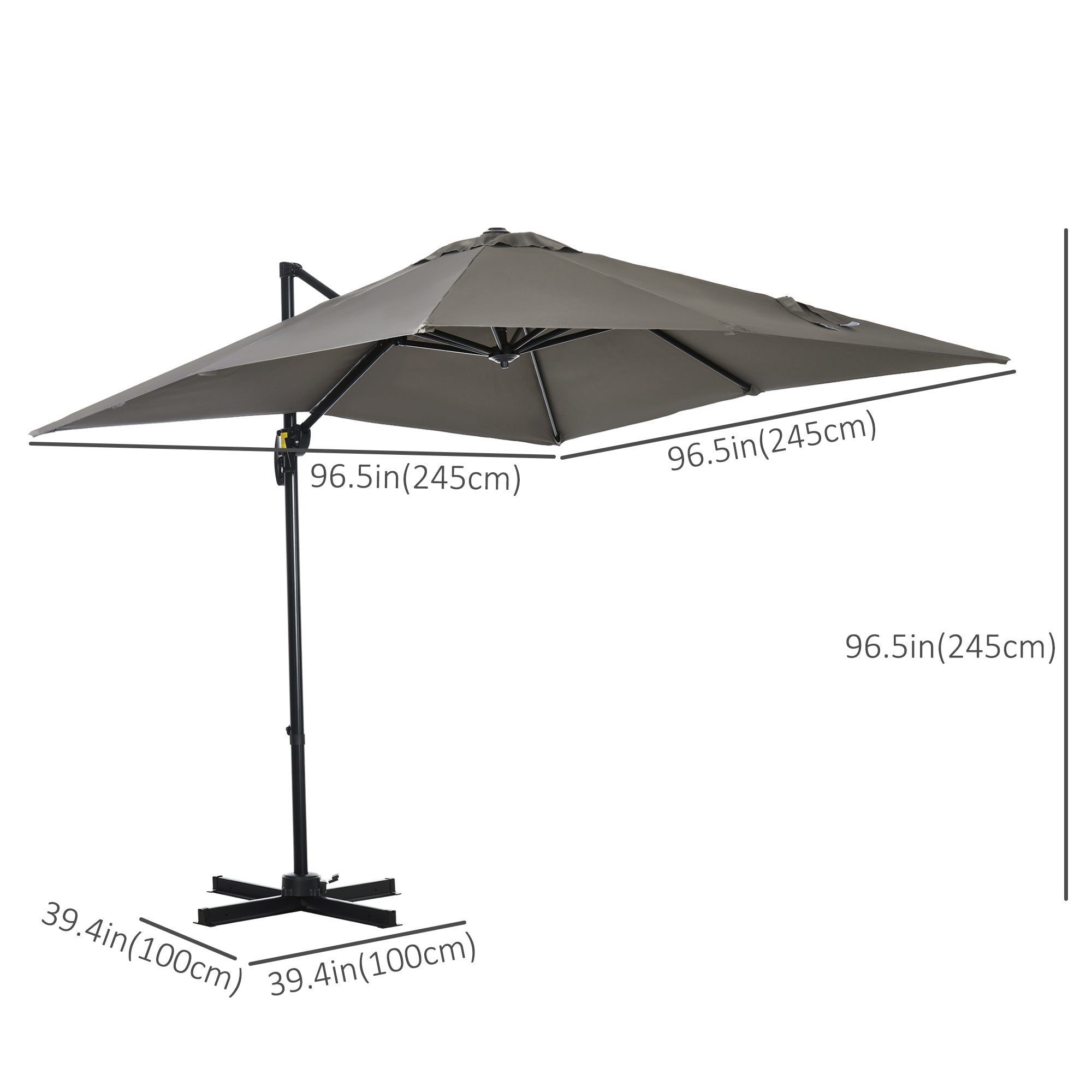 Outsunny 8' x 8' Square Patio Hanging Offset Umbrella with 360° Rotation, Aluminum Outdoor Cantilever Market Parasol, Light Grey 