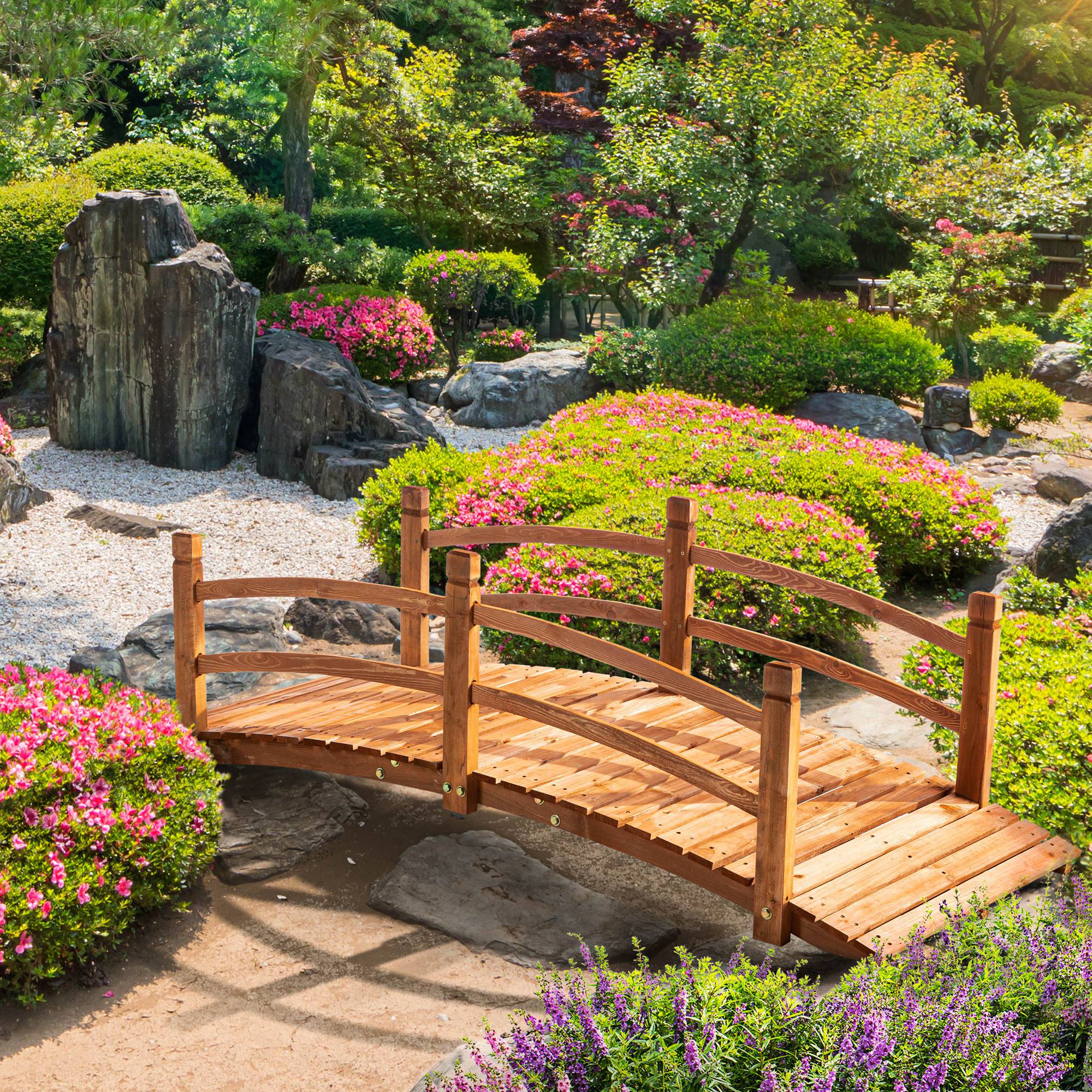 Outsunny 6FT Wooden Garden Bridge with Guardrails Classic Arc Footbridge for Stream Pond Walkway Outdoor Decor Orange 