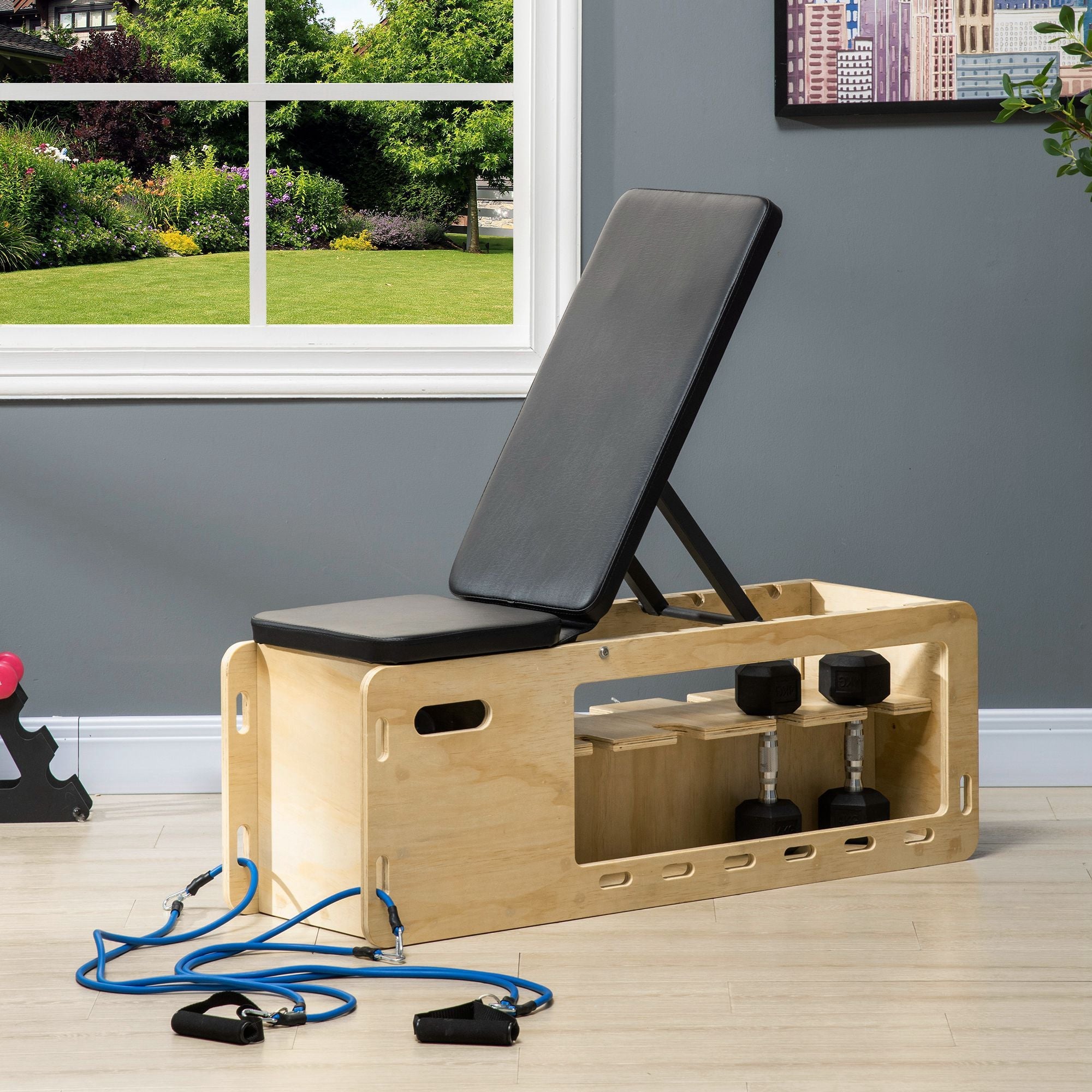 Soozier Wooden Workout Bench Adjustable Incline Dumbbell Rack Resistance Bands Home Gym 