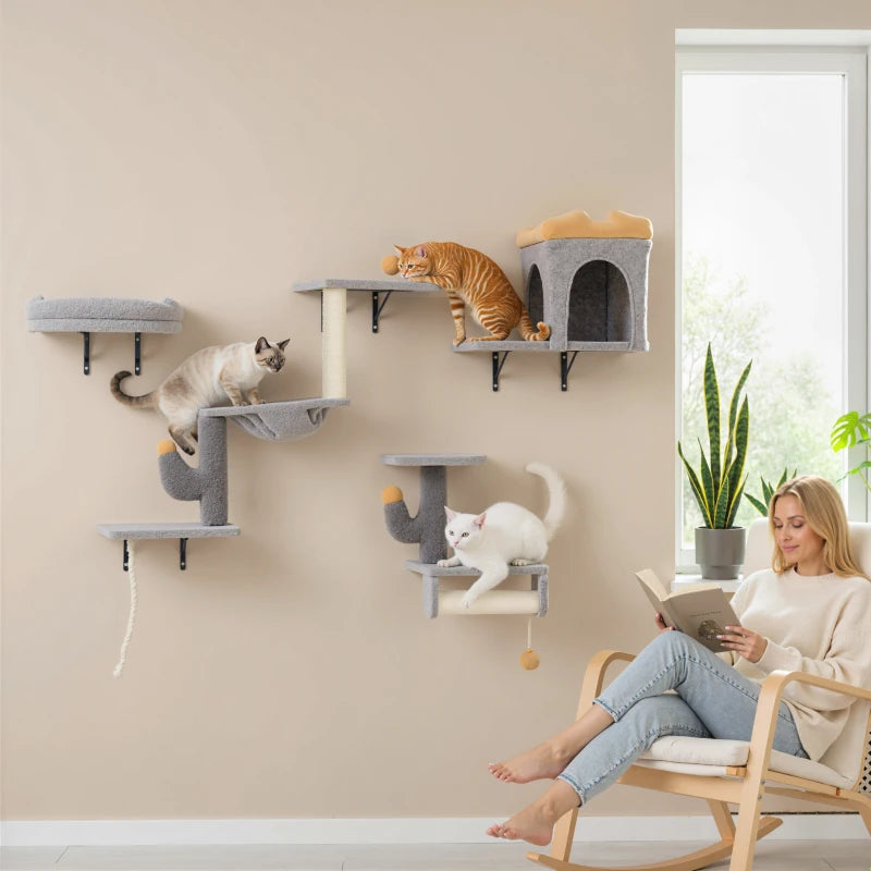 Cat Wall Shelves, 4 Pcs Cat Wall Furniture Set with Scratching Posts, Condo, Hammock, Perchs, Light Grey