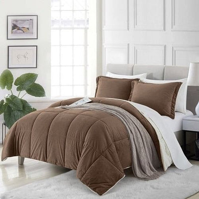 Queen Plush Microfiber Reversible Comforter Set in Chocolate - Free Shipping 