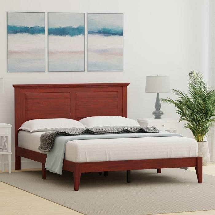 Queen Traditional Solid Oak Wooden Platform Bed Frame with Headboard in Cherry - Free Shipping