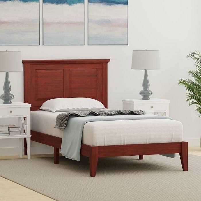 Twin Traditional Solid Oak Wooden Platform Bed Frame with Headboard in Cherry - Free Shipping