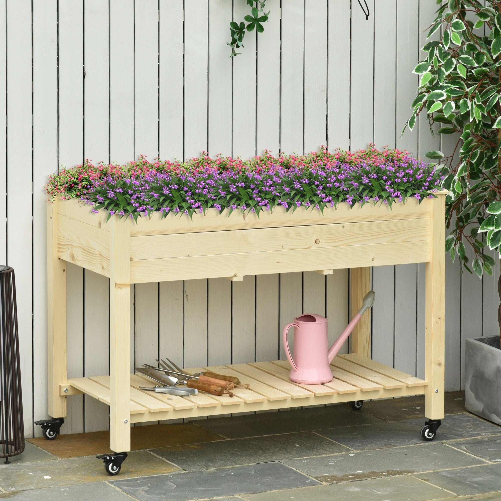 Outsunny Raised Garden Bed Mobile Elevated Wood Planter Box w/ Lockable Wheels Storage Shelf for Herbs and Vegetables Backyard 