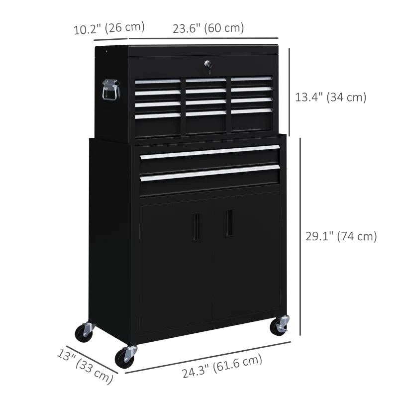 6-Drawer Rolling Tool Chest, 2 in 1 Lockable Storage Cabinet with Hooks, Metal Tool Box for Garage, Workshop, Black