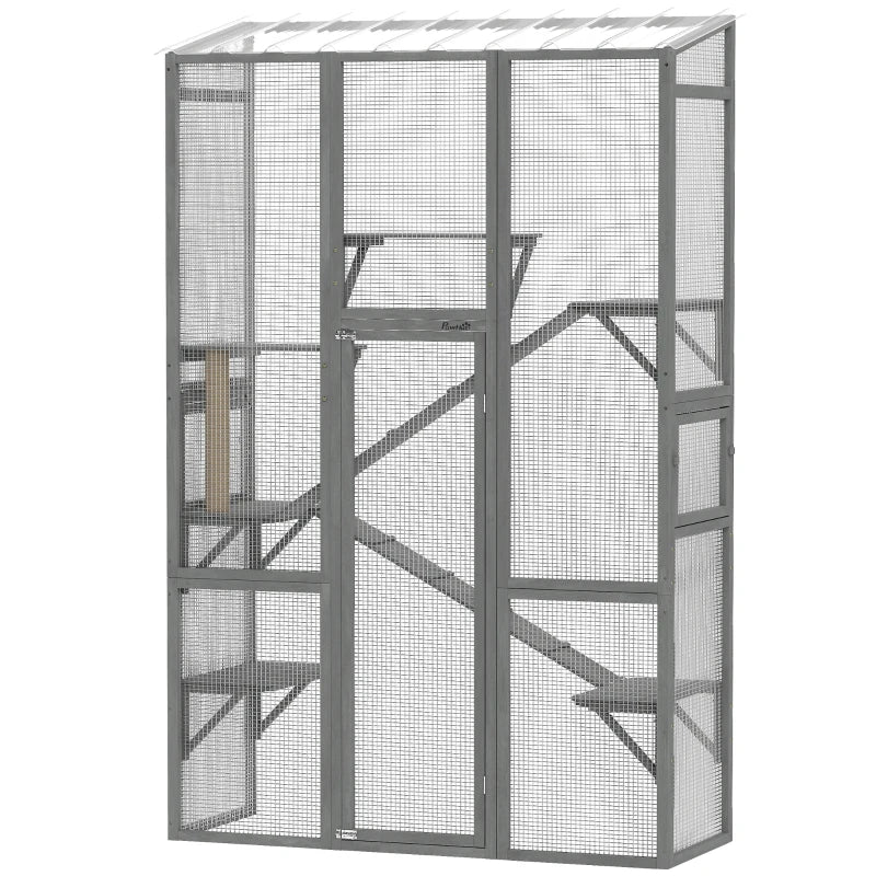 Wooden Catio Outdoor Cat Enclosure with 6 Jumping Platforms, Scratching Post, 2 Ramps, Waterproof Roof, Grey