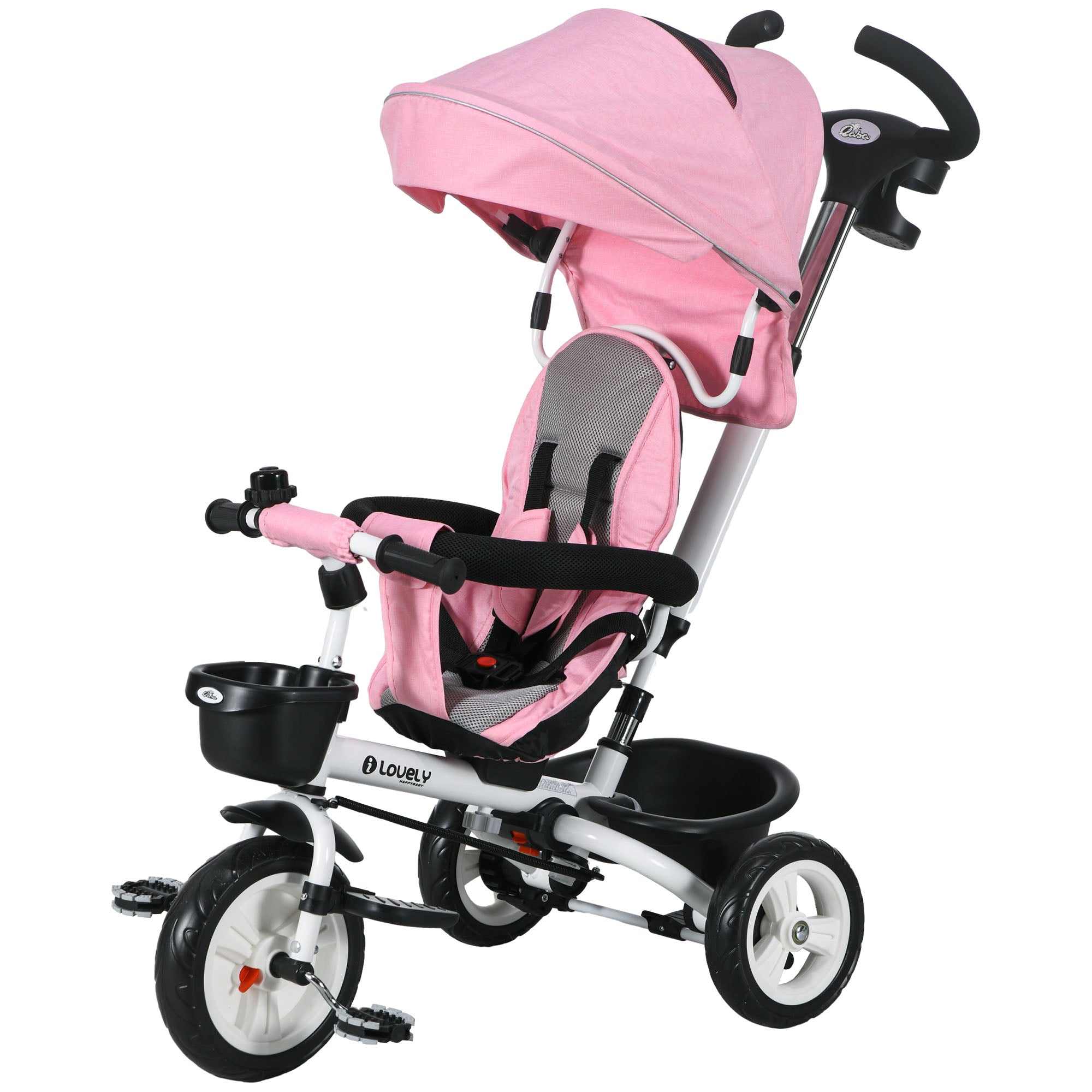 Qaba Pink 6-in-1 Toddler Tricycle with Push Handle, Canopy, Storage, Cupholder - Ideal for Outdoor Fun 