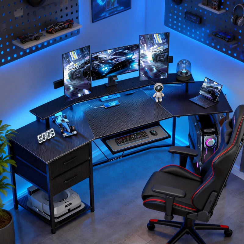 79 inch Gaming Desk with RGB Lights, Computer Table with Power Outlets & USB Ports, Keyboard Tray and 2 Drawers, Black