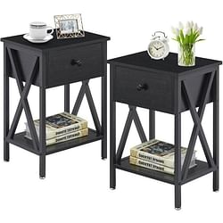 Set of 2 - Rustic 1 Drawer Black Nightstand with X-Shaped Sides - Free Shipping