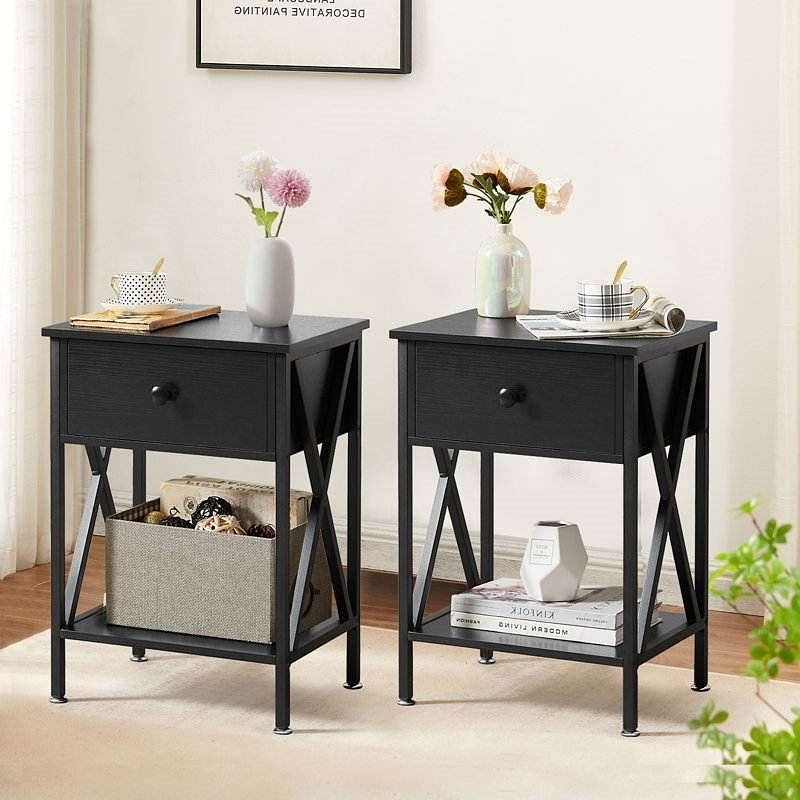 Set of 2 - Rustic 1 Drawer Black Nightstand with X-Shaped Sides - Free Shipping