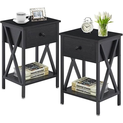 Set of 2 - Rustic 1 Drawer Black Nightstand with X-Shaped Sides - Free Shipping 