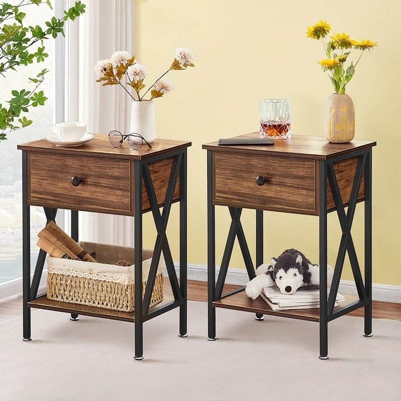 Set of 2 - Rustic 1 Drawer Nightstand in Brown and Black Wood Finish - Free Shipping