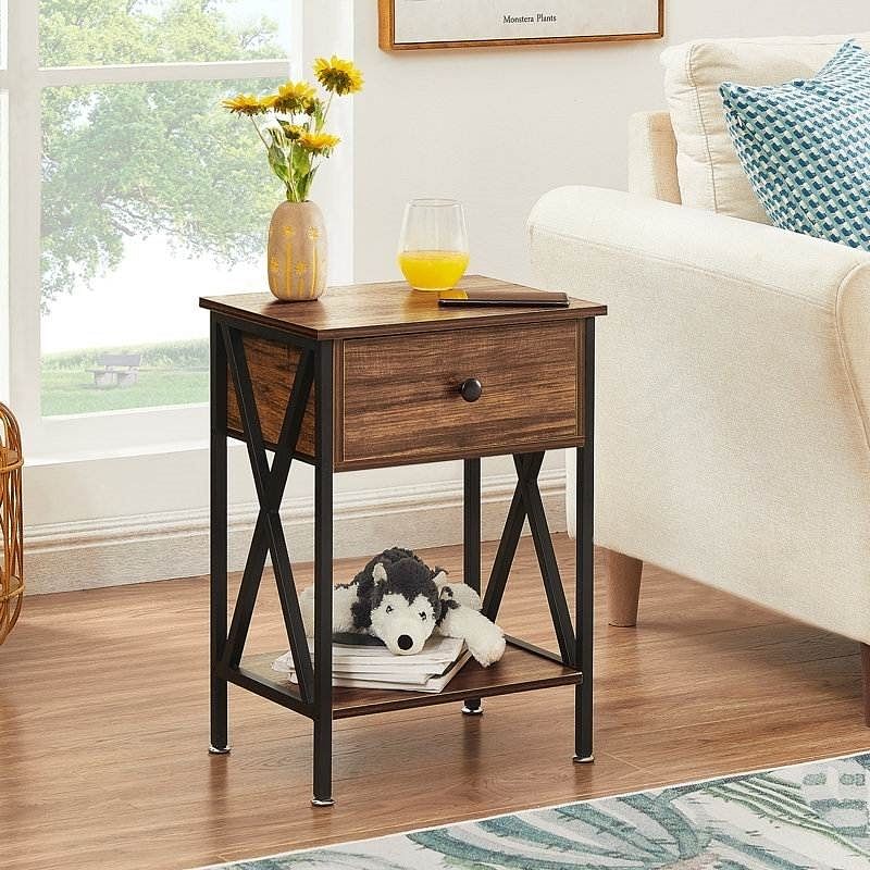 Set of 2 - Rustic 1 Drawer Nightstand in Brown and Black Wood Finish - Free Shipping