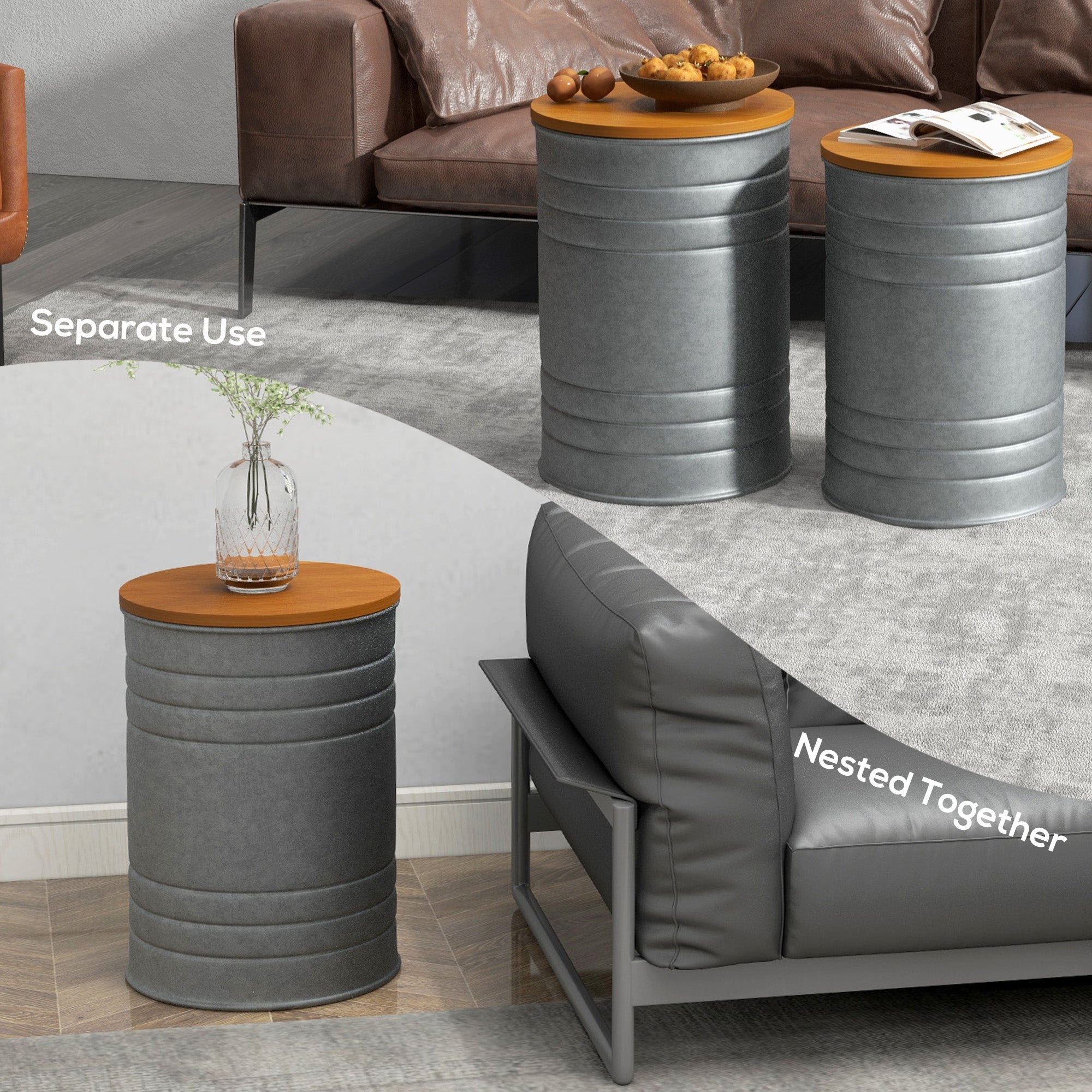 HOMCOM Round Side Table Set of 2, Nesting Coffee Tables w/ Wooden Lid, Galvanized Sheet Frame and Hidden Storage Space, Grey 