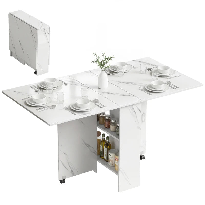Extendable Dining Table, Collapsible Folding Table with 2-tier Shelves and Rolling Casters, Marble White