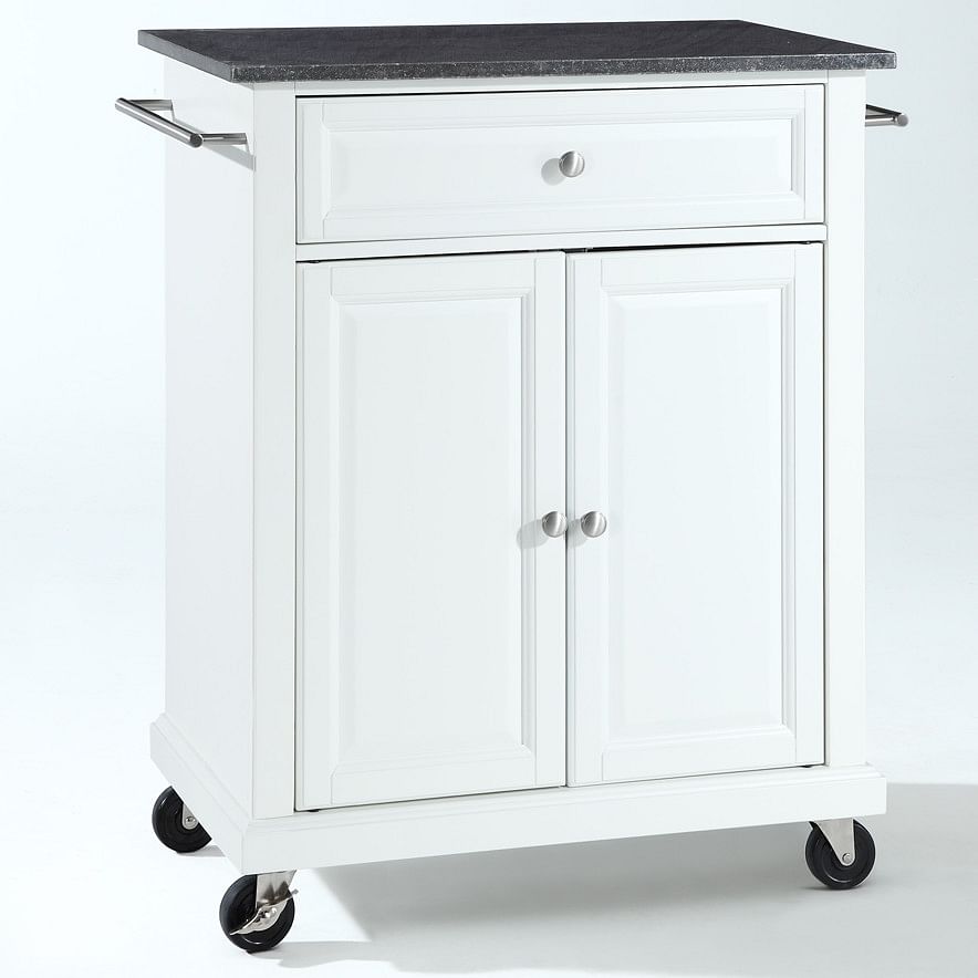 White Kitchen Cart with Granite Top and Locking Casters Wheels - Free Shipping