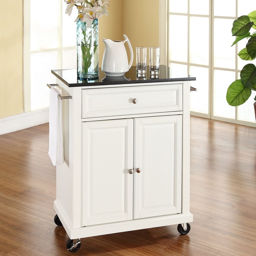 White Kitchen Cart with Granite Top and Locking Casters Wheels - Free Shipping