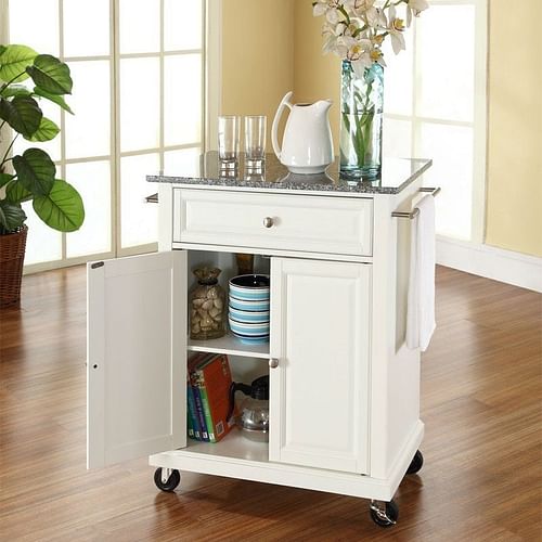 White Kitchen Cart with Granite Top and Locking Casters Wheels - Free Shipping