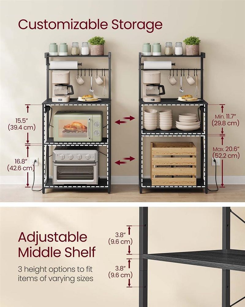 VASAGLE 4-Tier Kitchen Baker's Rack with Power Outlet, 8 S-Hooks & Paper Towel Holder