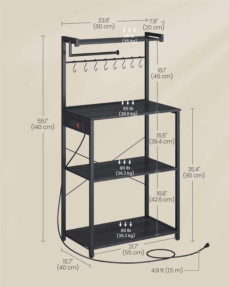 VASAGLE 4-Tier Kitchen Baker's Rack with Power Outlet, 8 S-Hooks & Paper Towel Holder