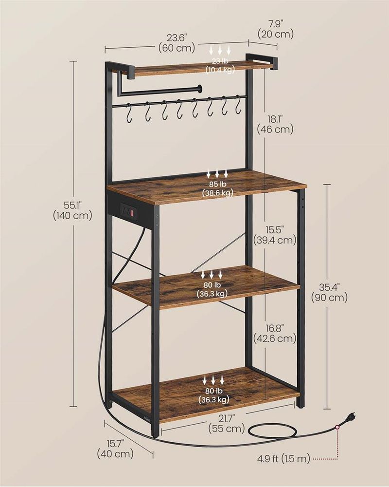 VASAGLE 4-Tier Kitchen Baker's Rack with Power Outlet, 8 S-Hooks & Paper Towel Holder