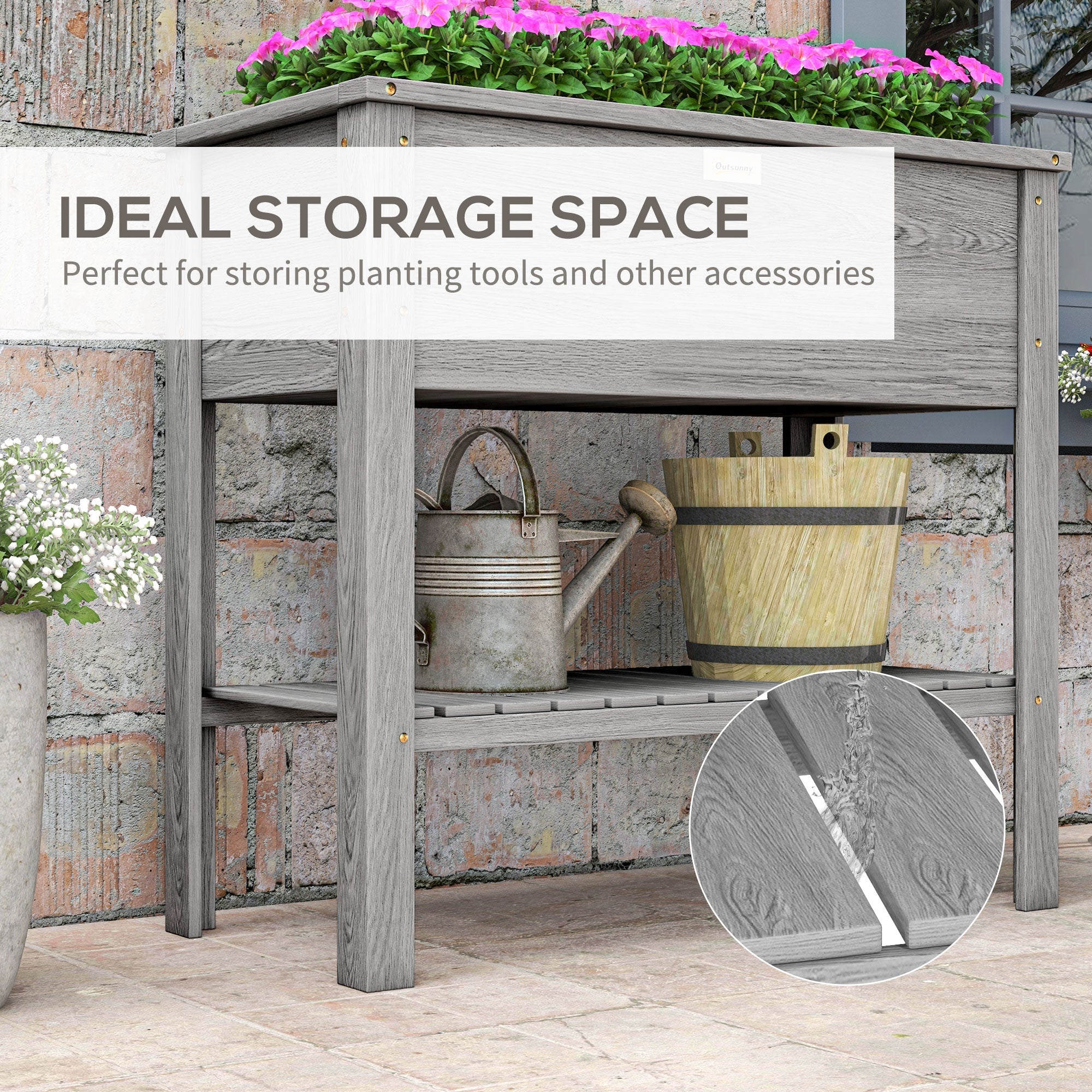 Outsunny Elevated Planter Paradise: Raised Bed Box with Shelf for Flowers, Vegetables, and Planter Box, Drain Holes, 36"x16"x32", Grey 