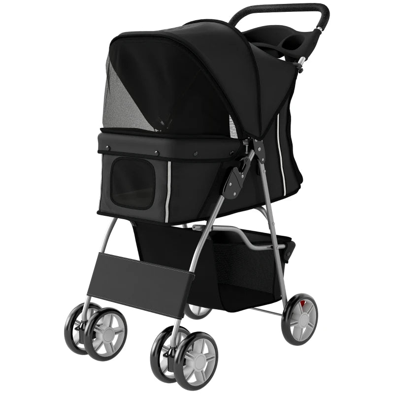 Pet Stroller with Reflective Strips, Foldable Cat Stroller with 360° Swivel Wheels for Small Dogs and Cats, Black