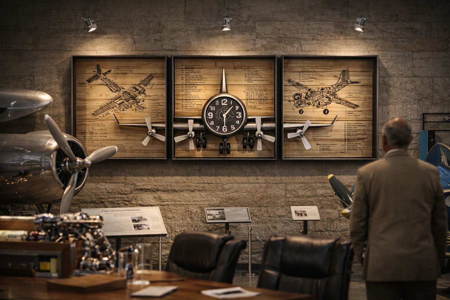 Metallic Vintage Airplane Wall Art with Clock, Set of 3
