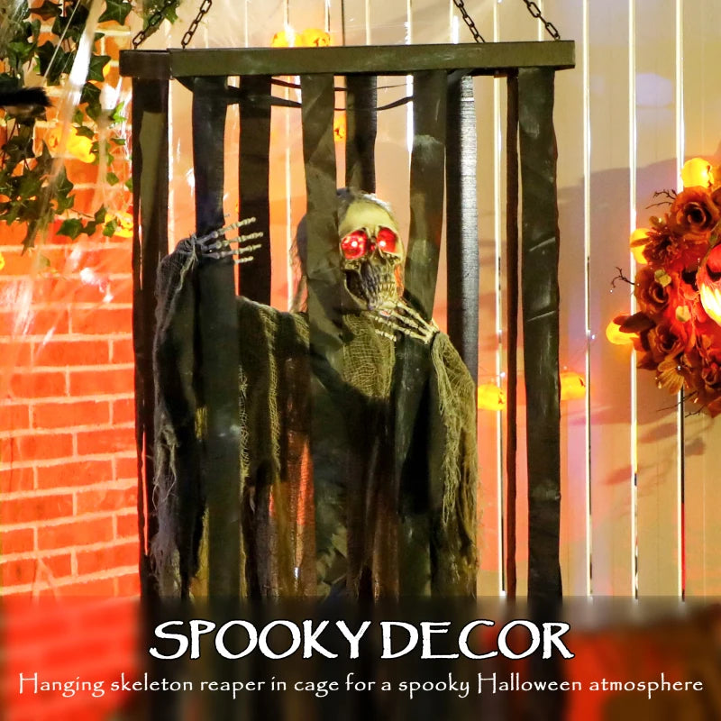 Outsunny Animatronic Hanging Skeleton Reaper in Cage – Voice-Activated Halloween Prop with Flashing Eyes 