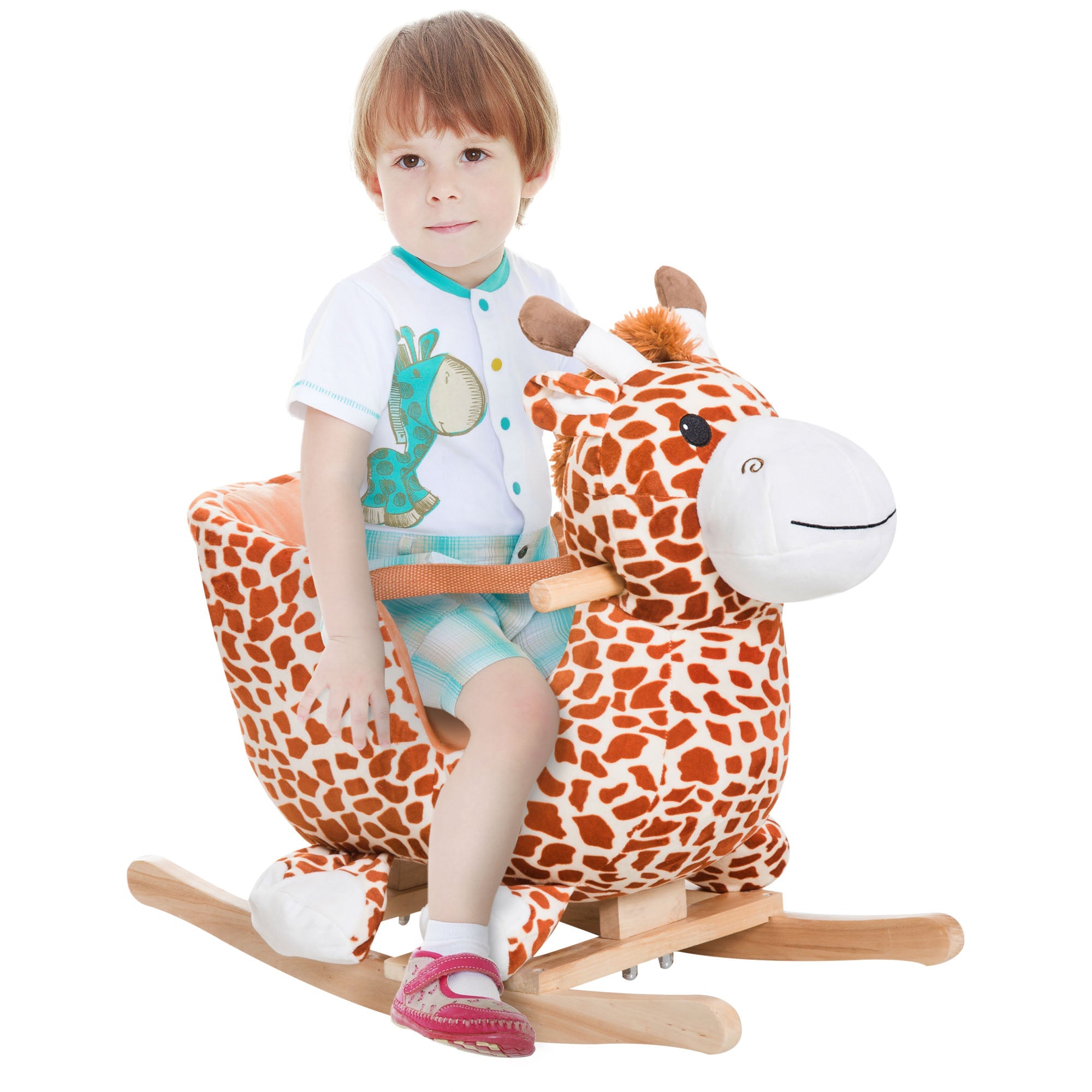 Qaba Plush Rocking Horse Ride-On Toy Toddlers Sound Safety Belt Giraffe Theme Musical Rocker Kids Playtime 