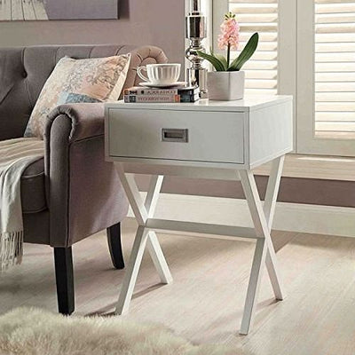 White Modern 1-Drawer End Table Nightstand with X-Legs - Free Shipping 