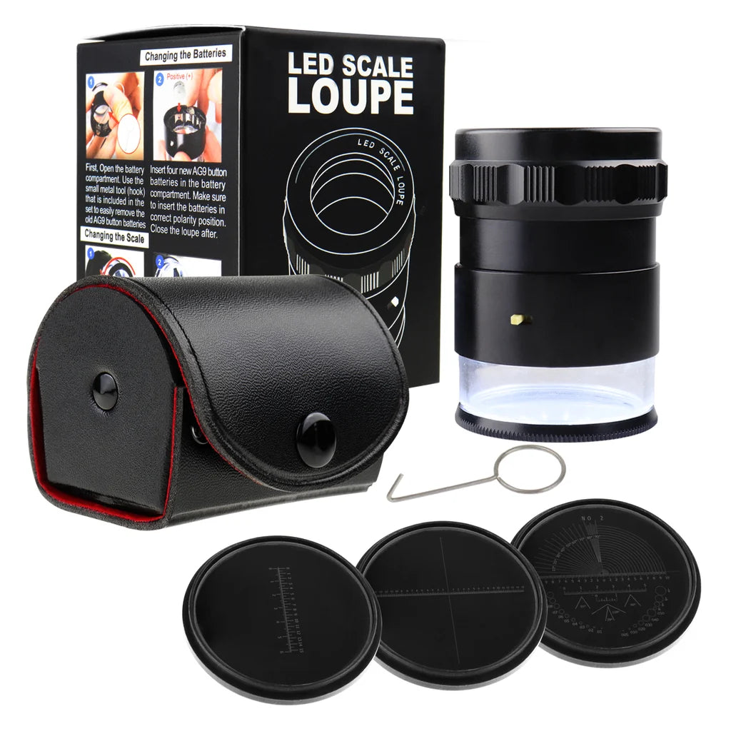 10x Magnification Scale Loupe with 8 LED Lights & 4 Interchangeable Glass Reticle Scales
