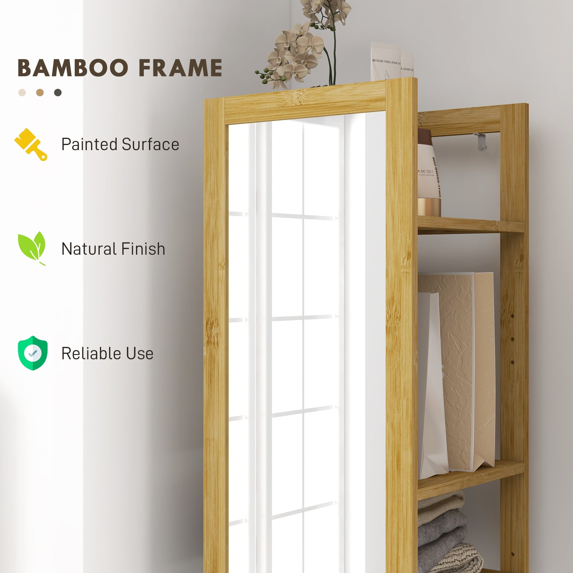 HOMCOM 6-Tier Bamboo Bathroom Shelves with Mirror, Freestanding Bathroom Rack with 6 Slatted Shelves, Nature Wood 