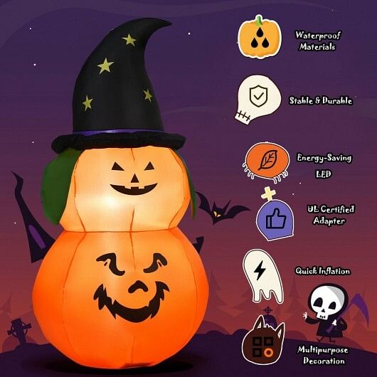 5 Feet Halloween Inflatable LED Pumpkin with Witch Hat - Free Shipping