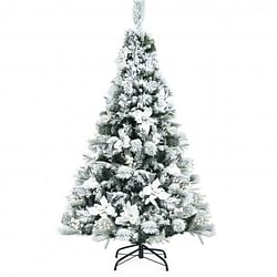 5 Feet Snow Flocked Hinged Christmas Tree with Berries and Poinsettia Flowers - Free Shipping 