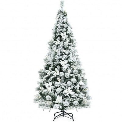 6 Feet Snow Flocked Hinged Christmas Tree with Berries and Poinsettia Flowers - Free Shipping 