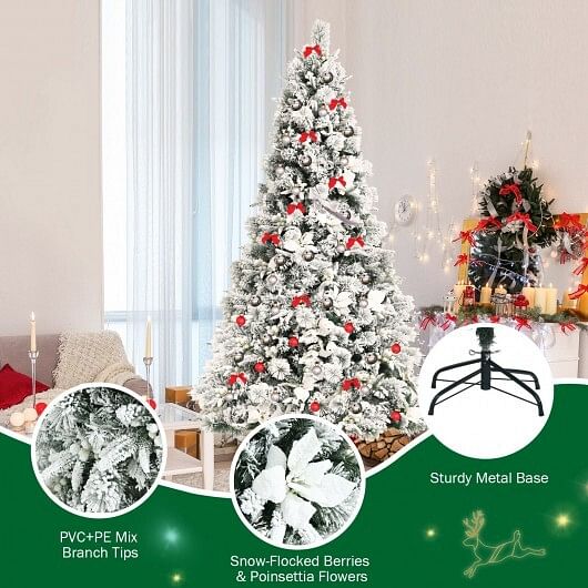 7 Feet Snow Flocked Christmas Tree with Poinsettia Flowers - Free Shipping