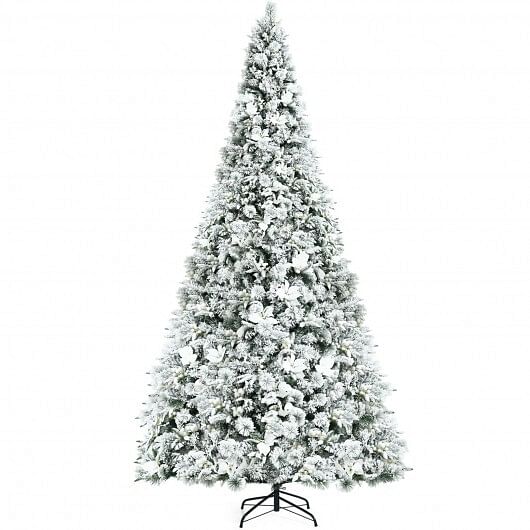 8 Feet Snow Flocked Hinged Christmas Tree with Berries and Poinsettia Flowers - Free Shipping