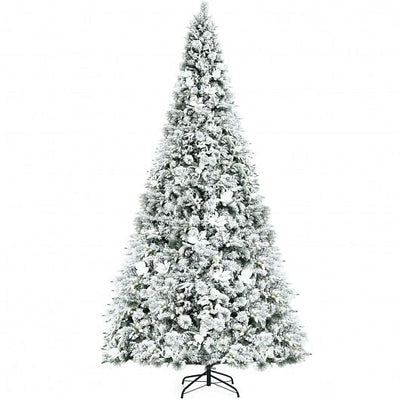 8 Feet Snow Flocked Hinged Christmas Tree with Berries and Poinsettia Flowers - Free Shipping 