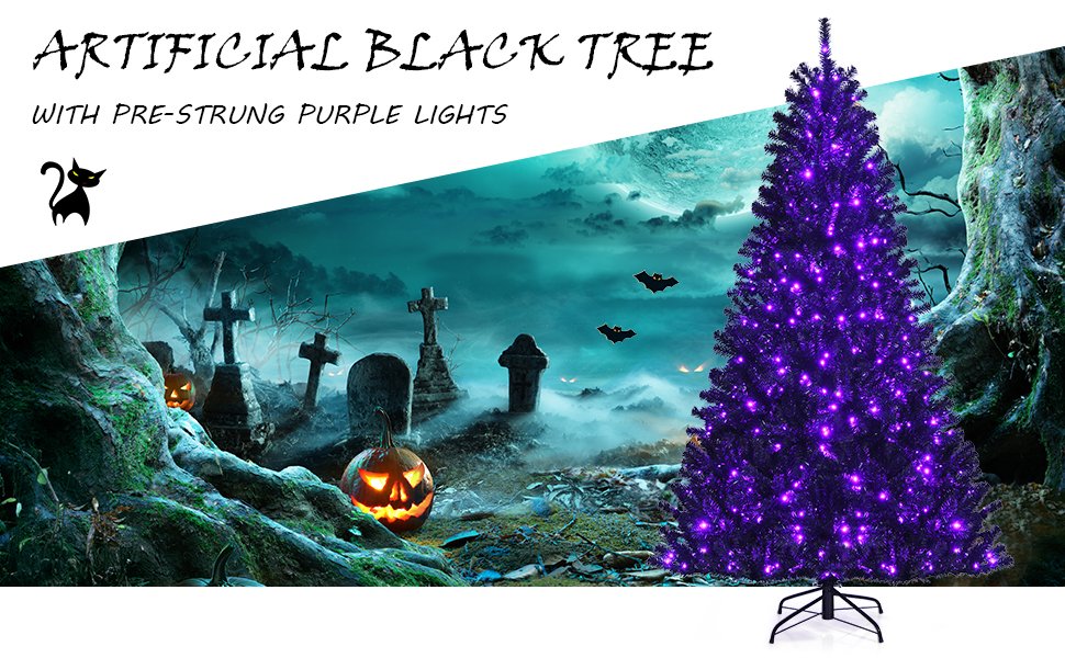 6 FT Pre-Lit Black Halloween Christmas Tree with 250 Vibrant Purple LED Lights