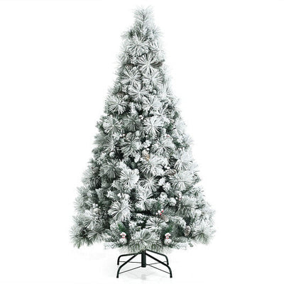 6 Feet Snow Flocked Christmas Tree with Pine Cone and Red Berries - Free Shipping 